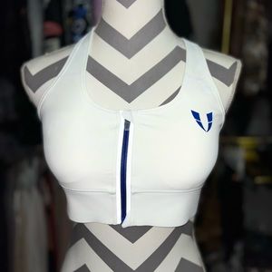 Firm Abs White with blue zipper zip up sports bra NWOT never worn Size Large